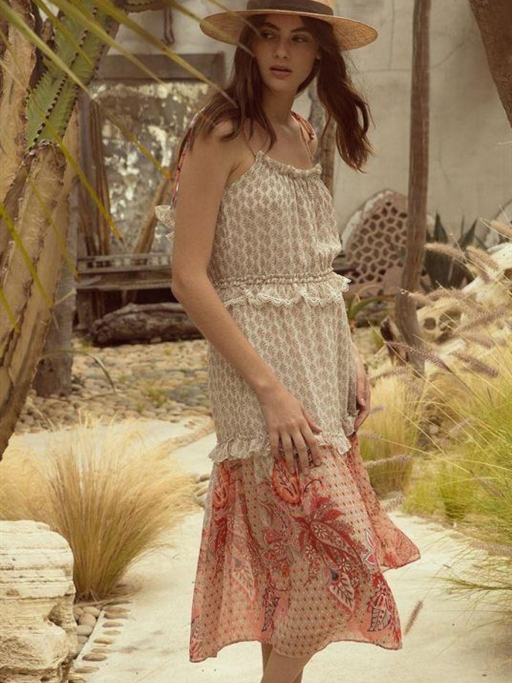 Misa Los Angeles Dionica Floral Paisley Ruffle Trim Tiered Midi Dress Sz S Boho